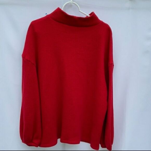 Take 50% OFF- Ava & Viv Waffle Knit Monk Neck Red Sweater, Size-1X - Picture 6 of 7